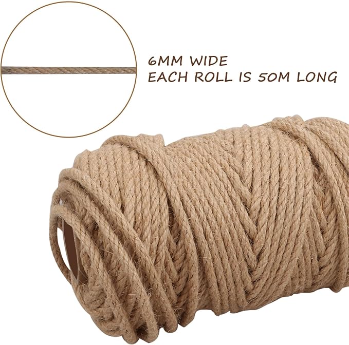 ASelected Rope 50m x 6mm Natural Jute Rope Sisal Rope for Cat Scratcher Garden Bundling, Repair Cat Tree(Brown)