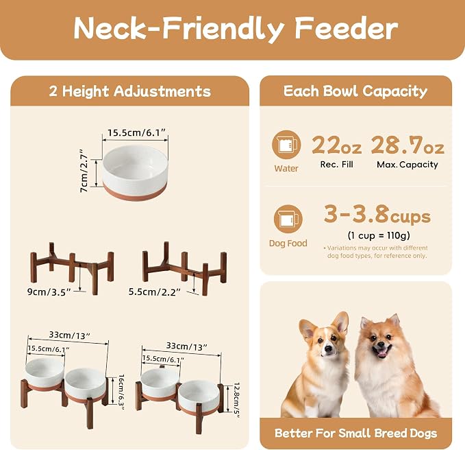 Havniva 6.1" Elevated Dog Bowls Ceramic Raised Dog Bowl with Non-Slip Stand (Acacia Wood) Two Height Options, Dog Food & Water Bowl for Small & Medium Breed Dogs - 3.4 Cups 27 oz