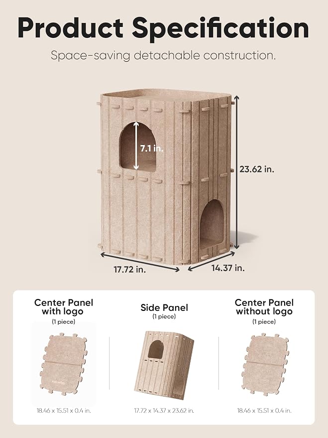 FUKUMARU Cat House for Indoor Cats, Warm Felt Cat Bed, Scratch Resistant | Large Cat Bed Cave, 3-in-1 Cat Condo, Cozy Felt Covered Cats Tunnel, 23.62 Inch Kitten Hideaway for Multicats, Beige