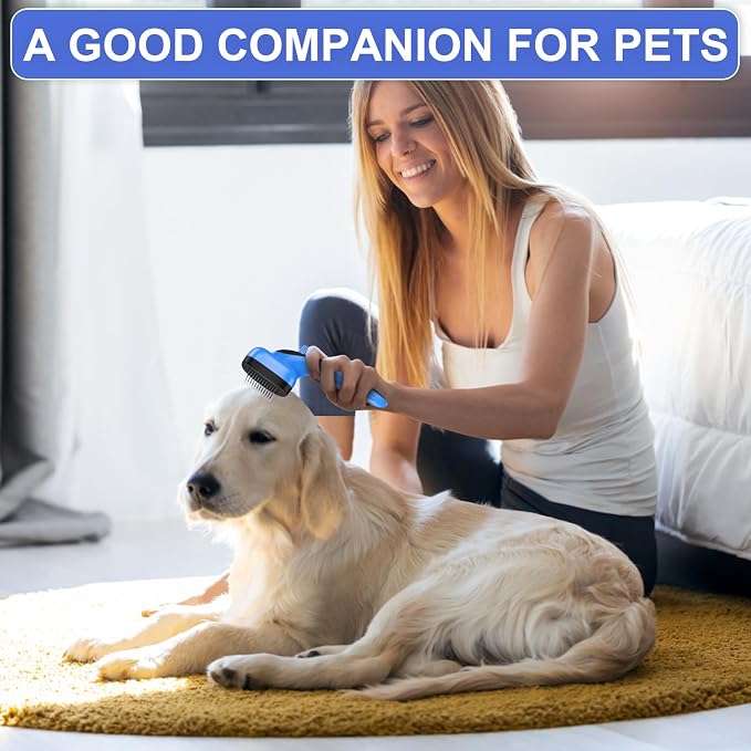 Self Cleaning Slicker Brush for Dog and Cat Shedding, Blue | Skin Friendly Deshedding Brush for Short or Long Haired Dogs & Cats, One-Click Retractable for Easy Cleaning Flying Hair