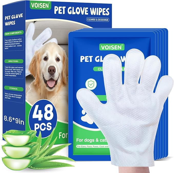 48 Pcs Pet Glove Wipes for Dogs, Pet Cleaning Gloves | Cleaning & Deodorizing Bathing Grooming Wipes,Unscented Thick Nourish Fur Glove Wipes for Pet Cleaning,Daily Care and Travel