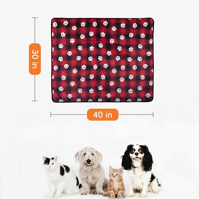 Waterproof Dog Blankets, 30"x40" Cat Blanket for Indoor Cats, Soft Fluffy Sofa Car Bed Protector, Reversible Sherpa Fleece Puppy Blanket for Small Medium Dogs Christmas Decor(Paw Red)