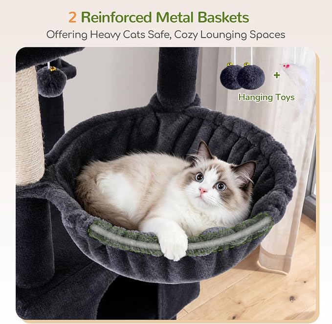 Globlazer 84in Extra Tall Cat Tree Tower for Indoor Large Cats 20lbs, F84G | Multi-Level Big Climbing Tower, 7 Scratching Post & Board, 2 Padded Cat Condos, 2 Soft Perches, 2 Sturdy Baskets, Dark Grey