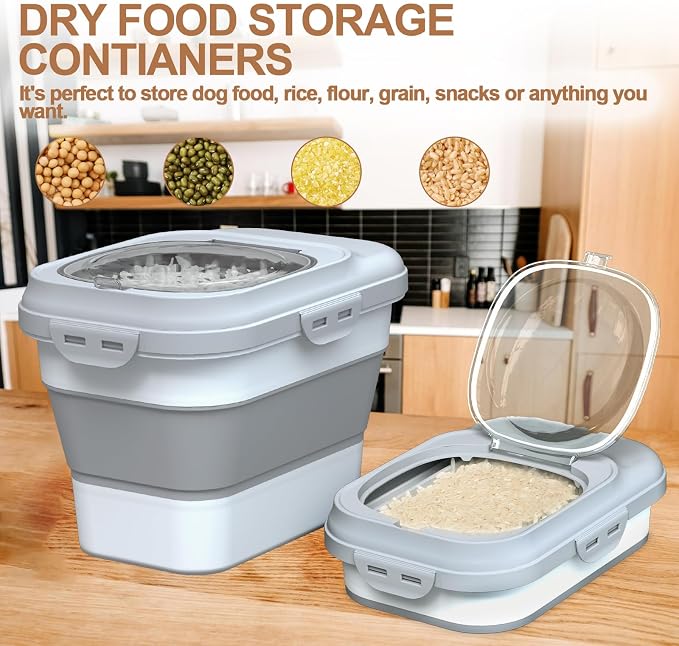 TIOVERY Dog Food Storage Container Small, 10-13lbs Collapsible Dog Cat Food Containers with Airtight Clear Flip-top and Pet Food Scoop, Pet Food Storage Container Bin for Dog Cat Bird Other Pets Grey