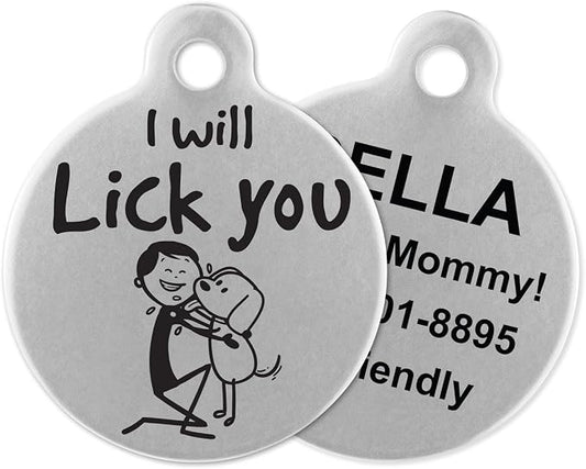 If It Barks - Engraved Pet ID Tags for Dogs - Personalized Stainless Steel Identification Tags - Custom Name Tag Attachment - Made in USA, I Will Lick You
