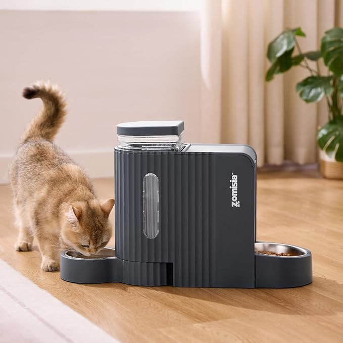 ZOMISIA Gravity Cat Food and Water Dispenser Set with 304 Stainless Steel Bowls, 2 in 1 Automatic Cat Feeder with 180 Degree Rotatable Water Bowl, Large Capacity for Puppy Kitten Rabbits, Grey