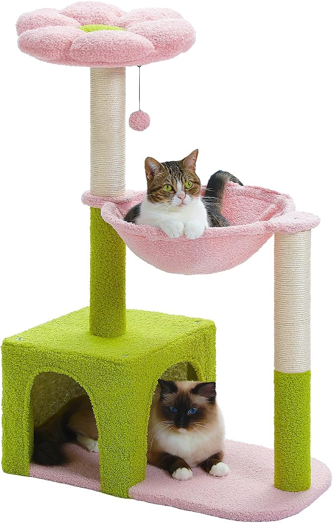 PEQULTI Flower Cat Tree, 36.6" Pink Cat Tower with Sisal Scratching Posts for Indoor Cats, Large Hammock, Condo and Pink Top Perch for Kittens, Fluffy Ball, Blue