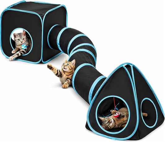 Rypet Cat Tunnels for Indoor Cats with Cube Tent, Interactive Collapsible Cat Tube and Foldable Cubes Playground for Hiding Hunting and Resting, Pet Tube with Bell for Kitten, Rabbit, Puppy, Ferret