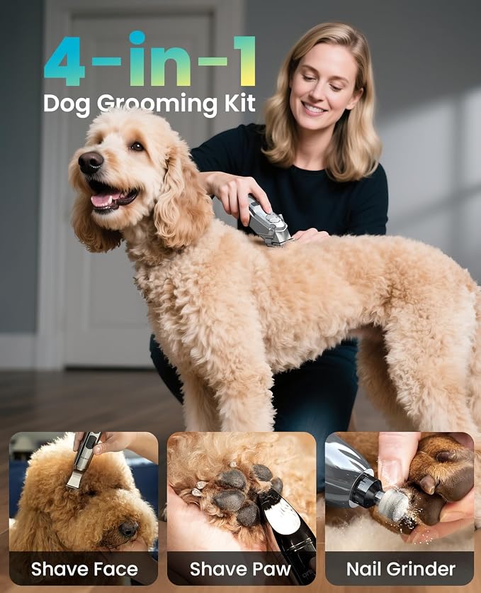 oneisall Dog Clippers for Grooming Thick/Matted Hair, 4-in-1 Grooming Kit | Detachable Stainless Steel Blade, Powerful Motor, IPX6 Waterproof, Low Noise, Paw Trimmer and Nail Grinder, 9 Guide Combs