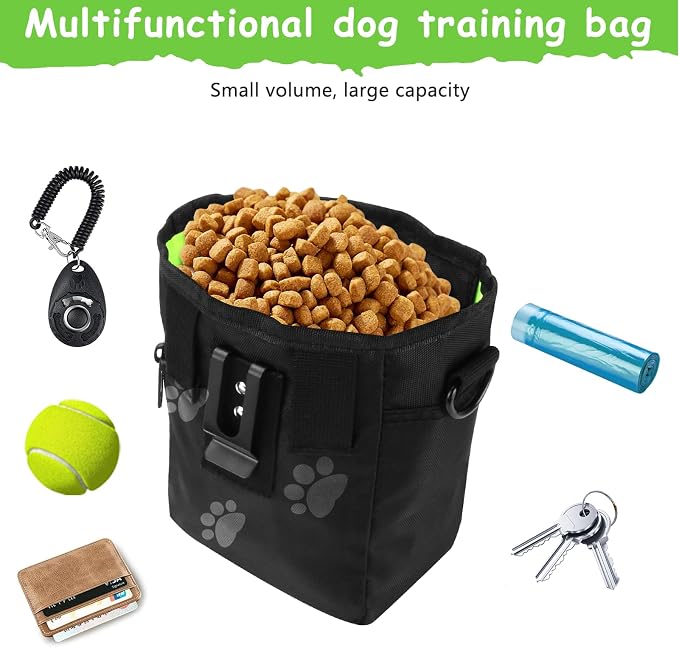 Dog Treat Pouch, Magnetic Closure, Dog Clicker- Black Pattern | Dog Training Treat Pouch, Large Size, Nylon Material, Magnetic Closure & Clicker, for Walking, Obedience & Outdoor Use