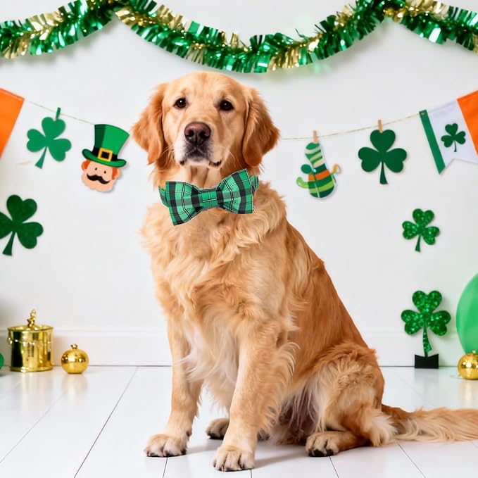 DOGWONG St. Patrick's Day Dog Collar with Bowtie, Green Plaid Bowtie Dog Collar for Small Medium Large Dogs,S