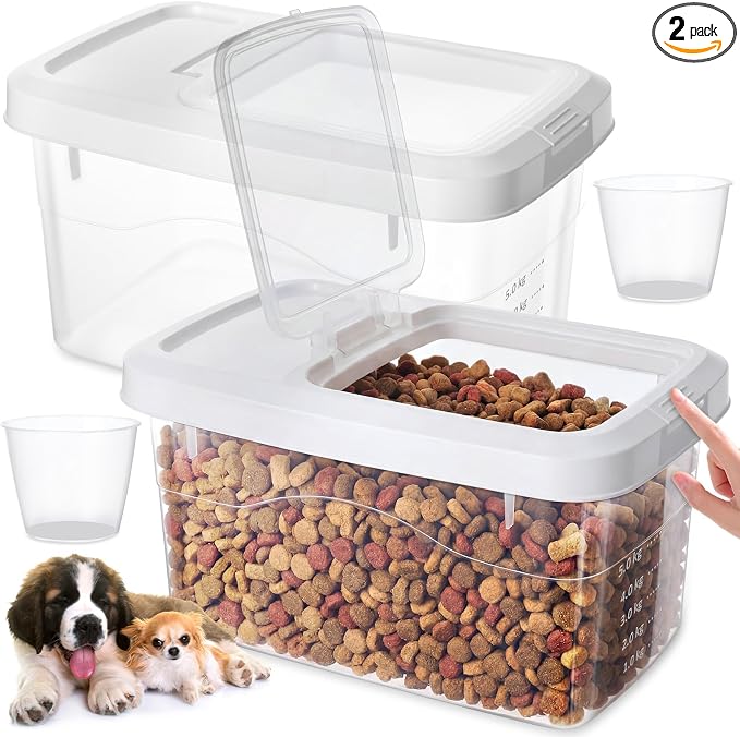 2 Pack 11 Lbs Airtight Dog Food Storage Container with Scoops | 2 Measuring Cups, Flip Lids, Clear Bins with Markings, Preserve Freshness, Pet Dog Cat Rice Grain Treat Storage
