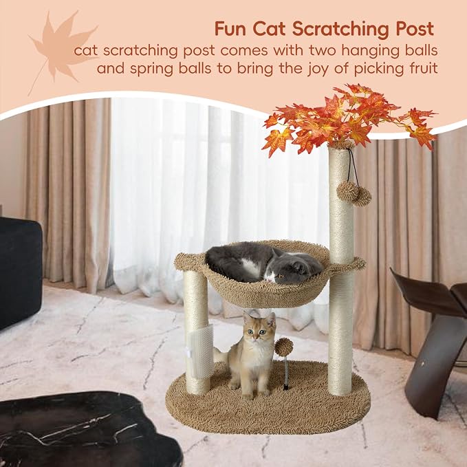 MECOOL Cat Tree Tower 32" Tall Scratching Post with Large Hammcok for Indoor Cats,Self-Massage Bursh Hanging Ball Toys,Maple,Beige