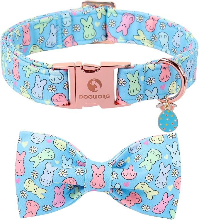 DOGWONG Easter Dog Collar, Blue Bunny Print Dog Collar with Bow, Girl Boy Pet Spring Holiday Dog Collars for Large Dogs,XL