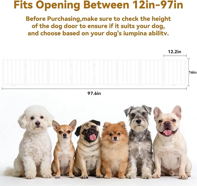 Snuowu 16" Freestanding Short Dog Gate for Small Dogs – Foldable & Retractable, Expands Up to 96" Wide, 8-Panel Pet Barrier for Doorways, Stairs & Hallways (White)