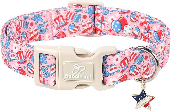 4th of July Dog Collar, Cute Pink Patriotic Dog Collars for Large Dogs - Independence Day Girly Pup Collars, Soft Adjustable Flag Day Female Dog Collar L