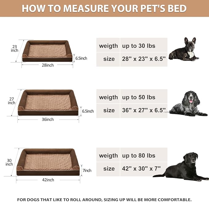 BFPETHOME Orthopedic Washable Large Dog Bed for Senior Dog Comfy Sleep | Waterproof Big Soft Pet Couch Bed for Dogs Relax with Removable Cover Supportive Egg Crate Foam Brown 36x27 Inch