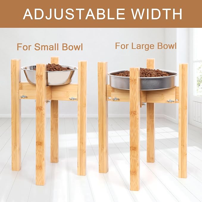 Elevated Dog Bowl Stand Adjustable Dog Food Holder 14”H Large Bamboo | 14” Elevated Dog Bowl Stand, Large Dogs, Adjustable, Fits 8”-11” Bowls, Single Bowl Holder, Natural Bamboo, Classic
