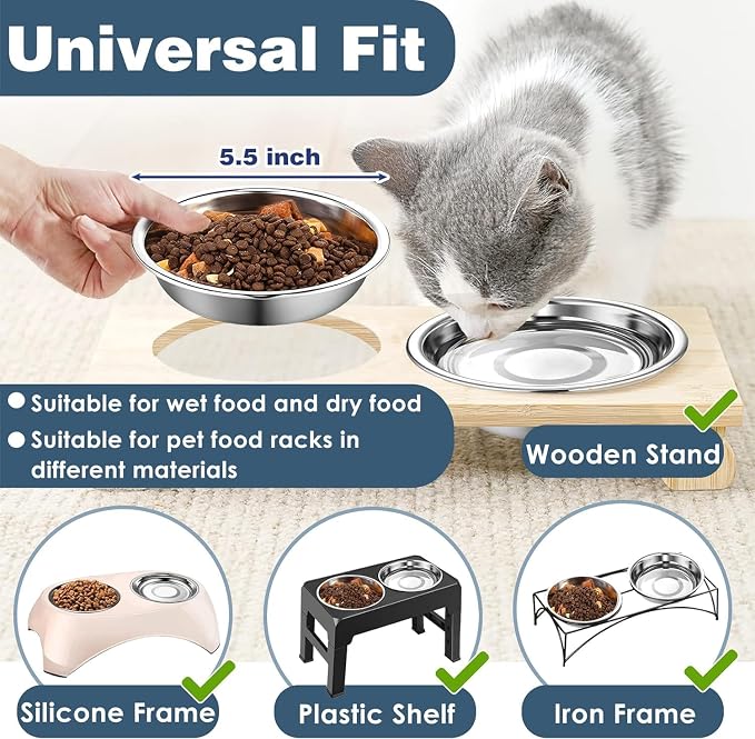 6 PCS Thickened Stainless Steel Cat Bowls, 5.5 Inch Shallow Wide Flat Metal Kitten Food Bowls, Whisker Friendly Fatigue Relief Replacement Basic Pet Dishes for Indoor Cats