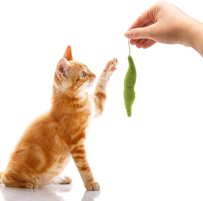 Glaciart One Green Beans Cat Toy – 5 Pcs | Soft Fuzzy Enrichment 100% Natural Wool - Interactive Catnip Play Cat Toy Set - Safe for Pets, Non-AZO Colored Dyes