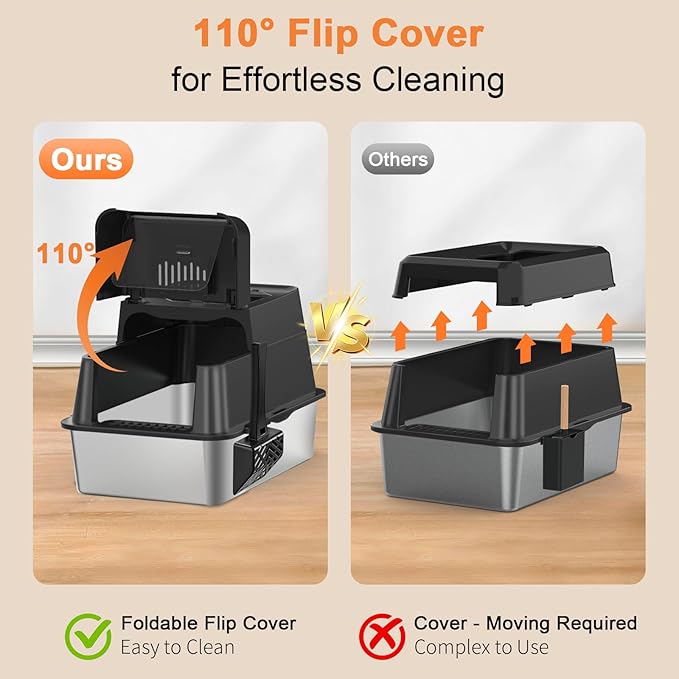 URPOWER Stainless Steel Cat Litter Box with 110° Flip-Top Lid, XL Enclosed Metal Litter Box for Large Cats, Odor Control, Anti-Urine Leakage, Non-Stick Pan, Front Entry Top Exit, Scoop & Mat Included