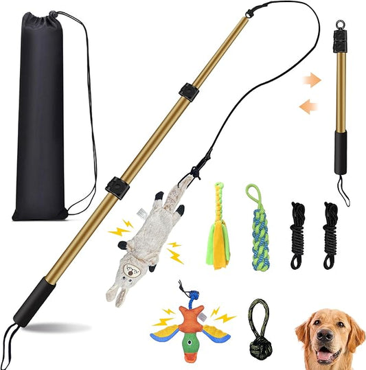 Flirt Pole for Dogs, Interactive Dog Toys Extendable Teaser Wand with Lure Chewing Toys, Chase and Tug of War for Small Medium Large Dogs Training Playing Exercise