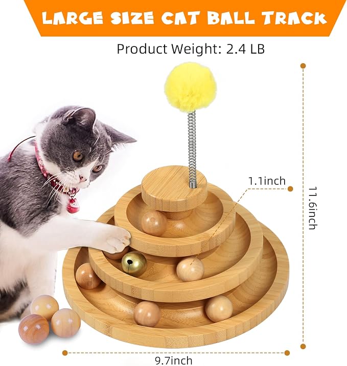 DoogCat Cat Ball Track - 3-Level Cat Ball Tower with 9 Removable Balls for Interactive Play and Mental, Physical Exercise - Large Size