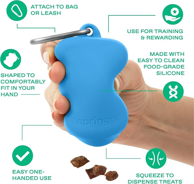 Springland Silicone Dog Training Treat Pouch for Leash, Blueberry | One-hand squeeze dispenser, food-grade silicone, BPA-free, carabiner included, easy-fill holder for rewards on the go