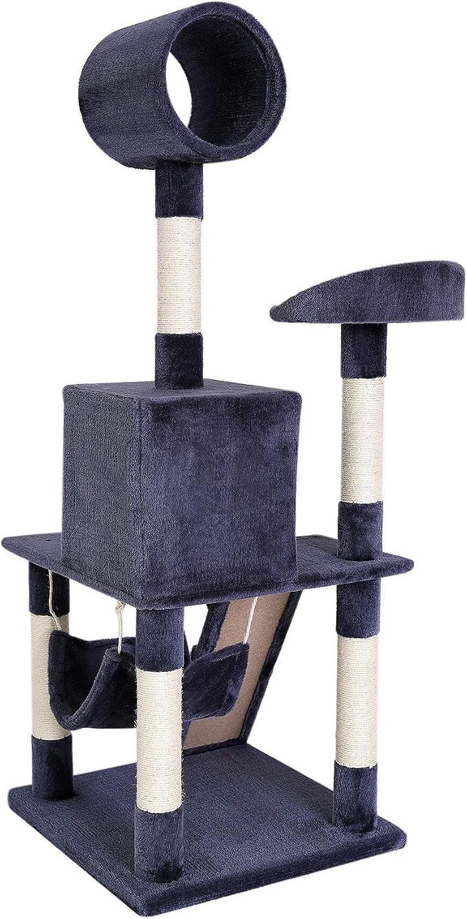 lionto Scratching Tree for Cats with Hammock & Tunnel, Height 52,4 in, cat Tree with sisal Rope & Soft Plush, Cozy Lying Areas & Caves, Suitable for Small & Large Cats, Dark Gray
