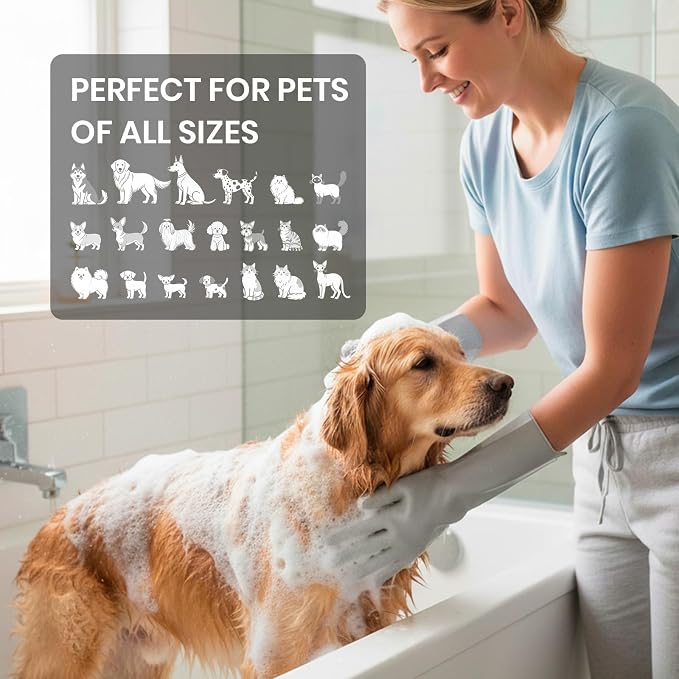 DELOMO Silicone Pet Grooming Gloves Dog Washing Gloves with Comb, Grey | 3000 Soft Silicone Bristles with Comb, 5-Finger Flexible, Massages & Removes Fur, Non-Slip, Easy Clean, for Dogs/Cats/Horses