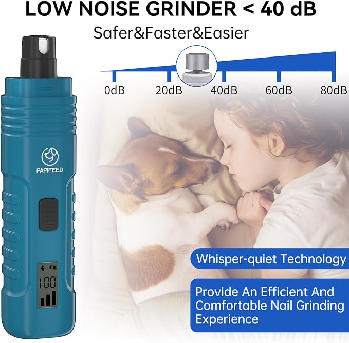 PAPIFFEED Dog Nail Grinder with LCD Display – Quiet Electric Nail Trimmer with Dual LED Light, Safe for Black & Thick Nails, Rechargeable for Small Medium Large Dogs & Cats (Blue)
