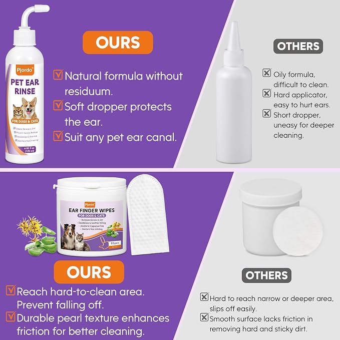 Pjordo Pet Ear Cleaner for Dog & Cat, Natural Formula - Aloe & Witch Hazel | Pet Ear Wash for Soothing Ear Itching & Deodorize, Ear Finger Wipes for Removing Ear Wax & Dirt, Suitable for Ear Daily Care