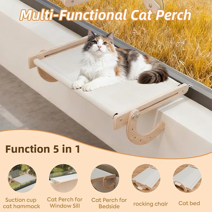 Window Cat Bed, Sturdy Cat Window Perch, Adjustable 4-in-1 Cat Hammock, 4 Modes for Complex Scenarios, Durable & Safe Hanging Seat for Kittens, Cats, Small Pets to Sleep & Play (Grey, 18inch)