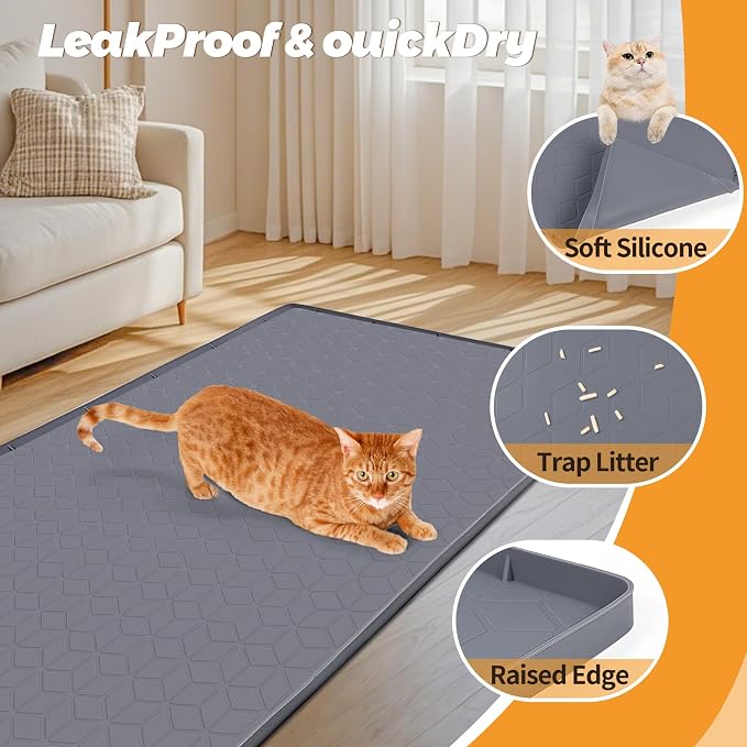 Cat Litter Mat for Litter Box 34"x22" Large Silicone Mat, Dark Grey | Waterproof Non-Slip Litter Box Mat with Raised Edges, Cat Litter Trapping Mat for Pet, Cat Litter Rug for Floor