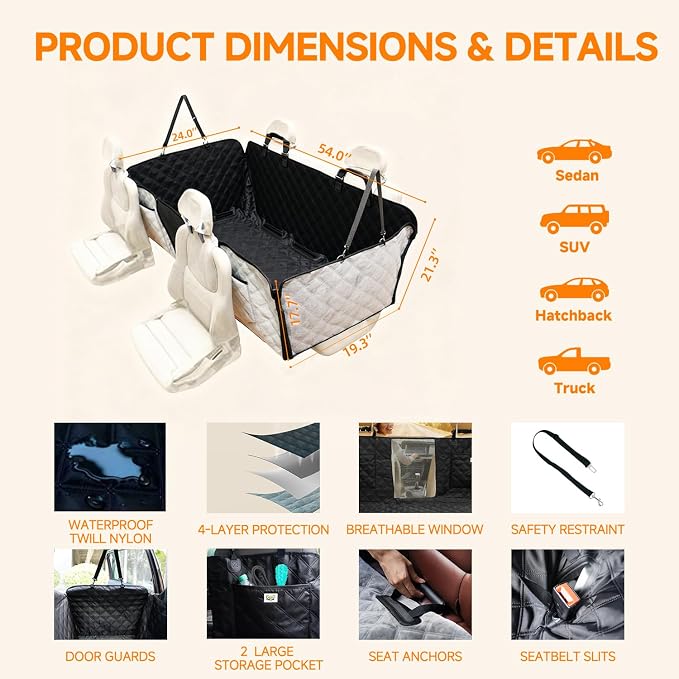 PETTALK Premium Dog Car Cover for Back Seat, Waterproof Reversible Dog Hammock for Backseat Non-slip Pet Cover for Dogs with Mesh Window, Anti Scratch Seat Protector Universal Fit for Cars SUVs Trucks