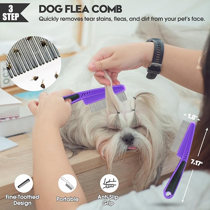 Bonteck Dog Slicker Brush for Dogs Grooming Kit 5PCS | Large Dog Brush for Goldendoodles Poodles Doodles | Long Pin Haired Brush | Poodle Brushes and Comb (Purple)