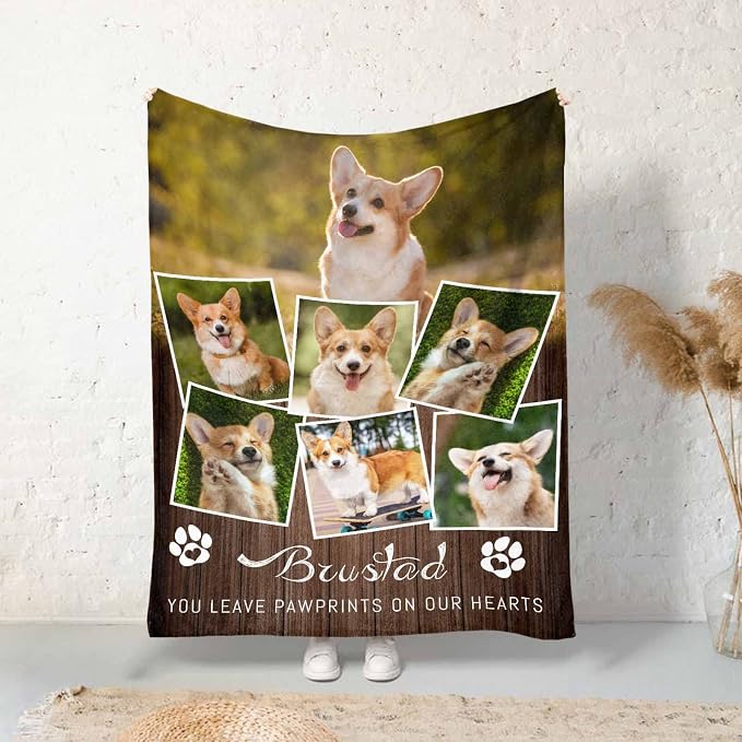 Custom Memorial Fleece Blanket with Dog Cat Photo You Leave Paw Prints on Our Hearts Blanket Personalized Pet Sympathy Remembrance Gift for Kids Family Friends 30X40 Inch