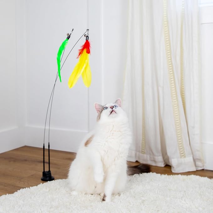 Feather Wand Teaser Cat Toys 18-Piece Simulation Toys For Indoor Cats, Cat Stuff Self-Holding Floor Base & Suction Cup, Bird Simulation Self Play Kitten Toys for Bored Adult Cats (Classic Set)