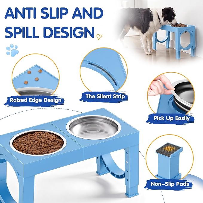 XIAZ Elevated Dog Bowls Large Breed Raised Dogs Bowl Stand Large/Medium Sized Dog Stainless Steel Food Water Bowl Stands 5 Heights Adjustable 9/11/12/15in Pet Feeder Dish Station