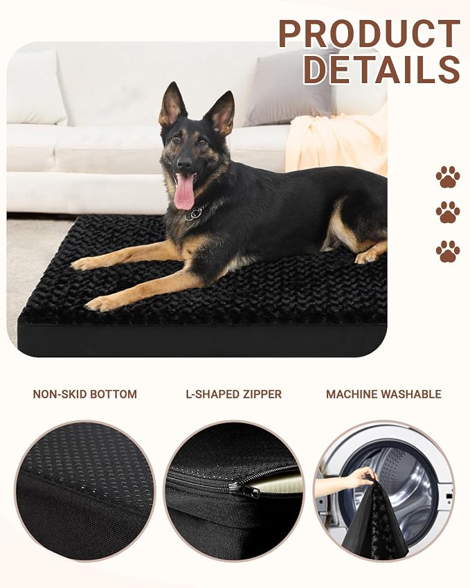 KSIIA Washable Dog Bed for Crate Waterproof for Large Dogs,41x27 in,Black | 3in egg crate foam,orthopedic support,Soft rose velvet,3ply waterproof fabric,removable cover,anti-slip base,washable