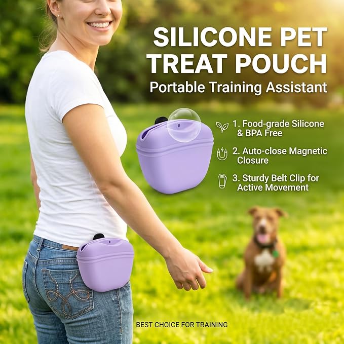 Dog Treat Pouch for Training, Silicone Dog Treat Bag with Strong Clip, Hands-Free Puppy Training Treat Holder, Portable Pet Snack Pouch for Walking, Agility, Obedience Training & Outdoor Use
