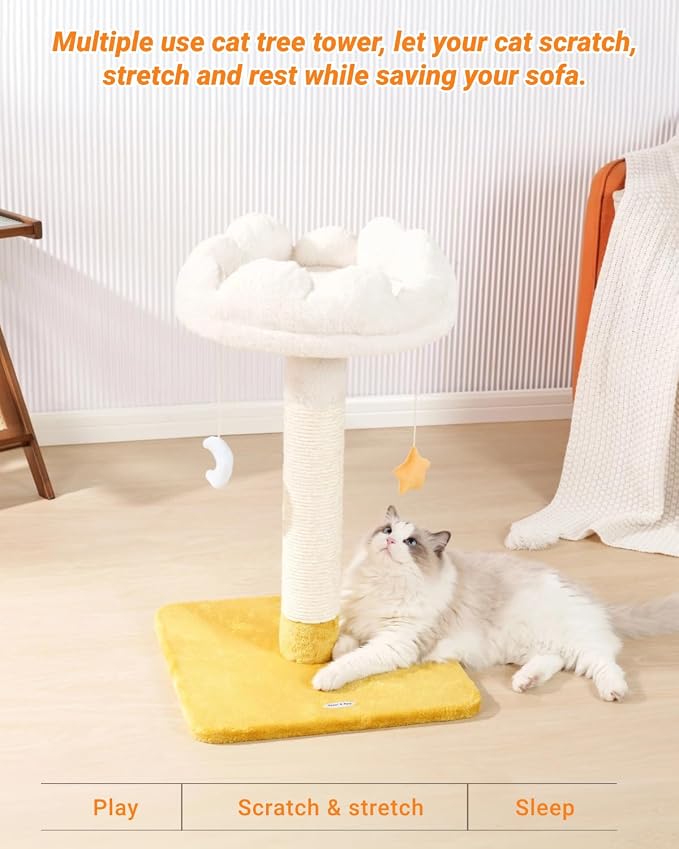 Tall Cat Scratching Post with Large Bed, Thick Posts with Toys | 28" Tall For Large Cats, Easy To Clean, Cloud-Shaped Soft Perch, Removeable Cover, Stable Cat Stand, Bonus Catnip