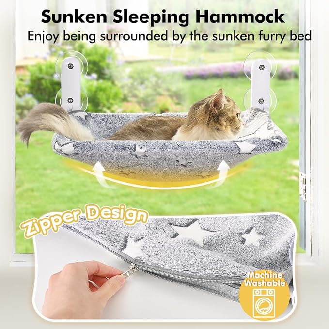 Zoratoo Glow in the Dark Cat Window Perch, Foldable Cordless Pet Hammock, M | Glowing Stars Fabric, Sturdy Metal Frame, Removable for Machine Wash, Comfortable Sunken Design Resting Seat for Indoor Cats