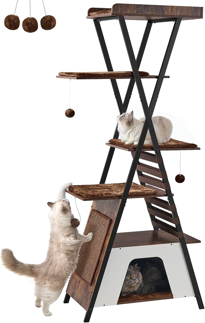 72.4" Modern Cat Tower for Indoor Cats - Multi-Level Condo With Caves, Tall Tree With Scratching Board, Wooden Tower With Large Perch, Removable Pads, Rustic Brown