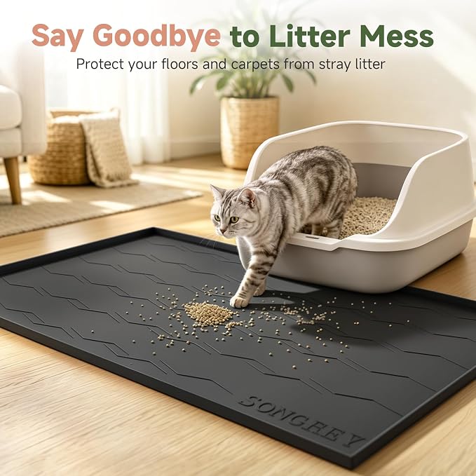 Songrey Silicone Cat Litter Mat 34" x 22", Large Litter Trapping Mat, Black | Waterproof, Urine-Proof Litter Box Mat for Floor, Soft on Kitty Paws, Easy To Clean, Cat Supplies, Pet Feeding Mat