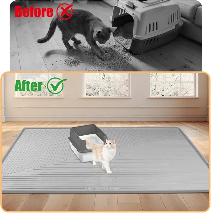 Silicone Cat Litter Mat 50" x 36" Cat Mat for Litter Box, Light Grey | Extra Large Cat Litter Trapping Mat for Floor, Waterproof, Non-Slip Kitty Litter Box Mat with Raised Edge, Easy to Clean