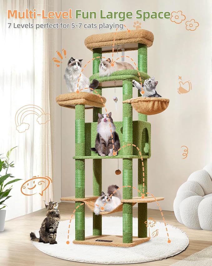 Taoqimiao Heavy-Duty Cat Tree, 71 in Cat Tower for Large Cats 20lbs+ | 3 Giant Multi-Tier Perches, Widened Cat Condo with 9 Scratching Posts, Plush Hammock & Basket, Toys, Cactus, MS034T