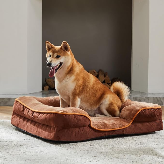 DUMOS Orthopedic Dog Beds for Large Sized Dogs, 42x32 in Machine Washable Cover Pet Bed, Anti-Slip Waterproof Memory Foam Couch Bed for Indoor Dogs and Cats, Brown