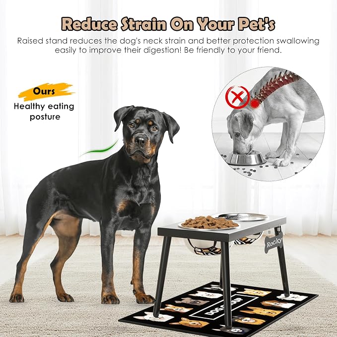 ADENGL Metal Raised Dog Bowl Stand for Large and Medium Dogs, Elevated Dog Bowls with Sprill Proof Mat ＆ Slow Feeder, Pet Food Bowls 10" Tall Dogs Feeder (58OZ-Stainless Steel Pet Bowl, Mat-16x24in)