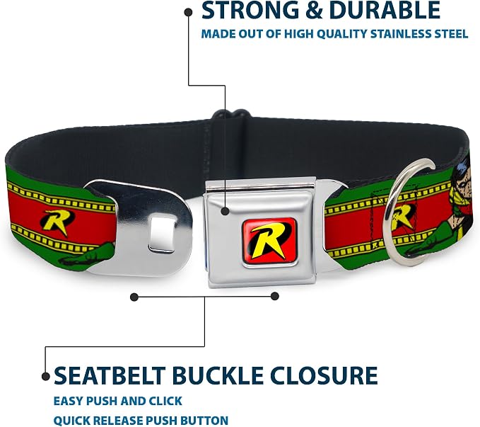 DC Comics Pet Collar, Dog Collar Metal Seatbelt Buckle, Robin Action Pose Logo Stripe Green Yellow Red Black, 9.5 to 13 Inches 1.0 Inch Wide